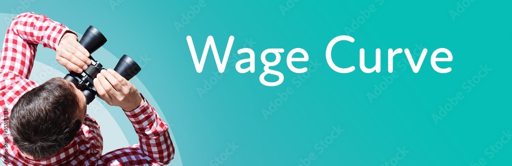 Naklejka premium Wage Curve. Businessman (man) looks through binoculars. Birds eye view. Focus on text. Blue Background. Business, Finance, Statistics, Analysis, Economy