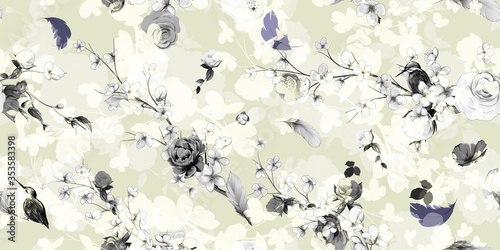 Wide seamless floral background pattern. Sakura branсhes with flowers, peony, leaves and bird on pastel. Abstract pattern for textile, fabric and other prints purpose. Hand drawn vector - stock.