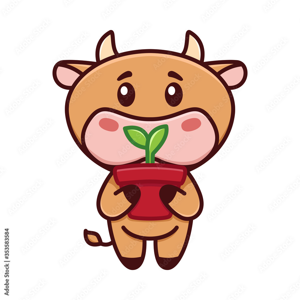 Cute little bull is holding a pot of sprout. The cow is gardening. Vector illustration. Funny logo. Cute childish picture with little bull, cow, taurus, calf character. Symbol of 2021. Cute little bull is holding a pot of sprout. The cow is gardening. Vector illustration. Funny logo. Cute childish picture with little bull, cow, taurus, calf character. Symbol of 2021.