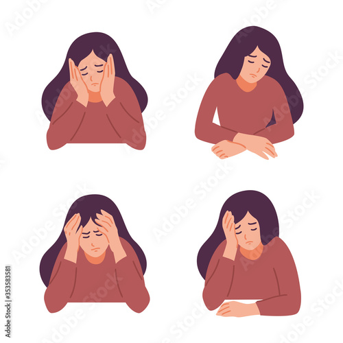 A woman is having a headache. Girl feels anxiety and depression. Psychological health concept. Nervous, apathy, sadness, sorrow, unhappy, desperate, migraine. Flat vector illustration.