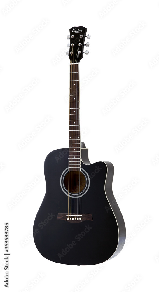 Black Acoustic Folk Guitar, Music Instrument Isolated on White background