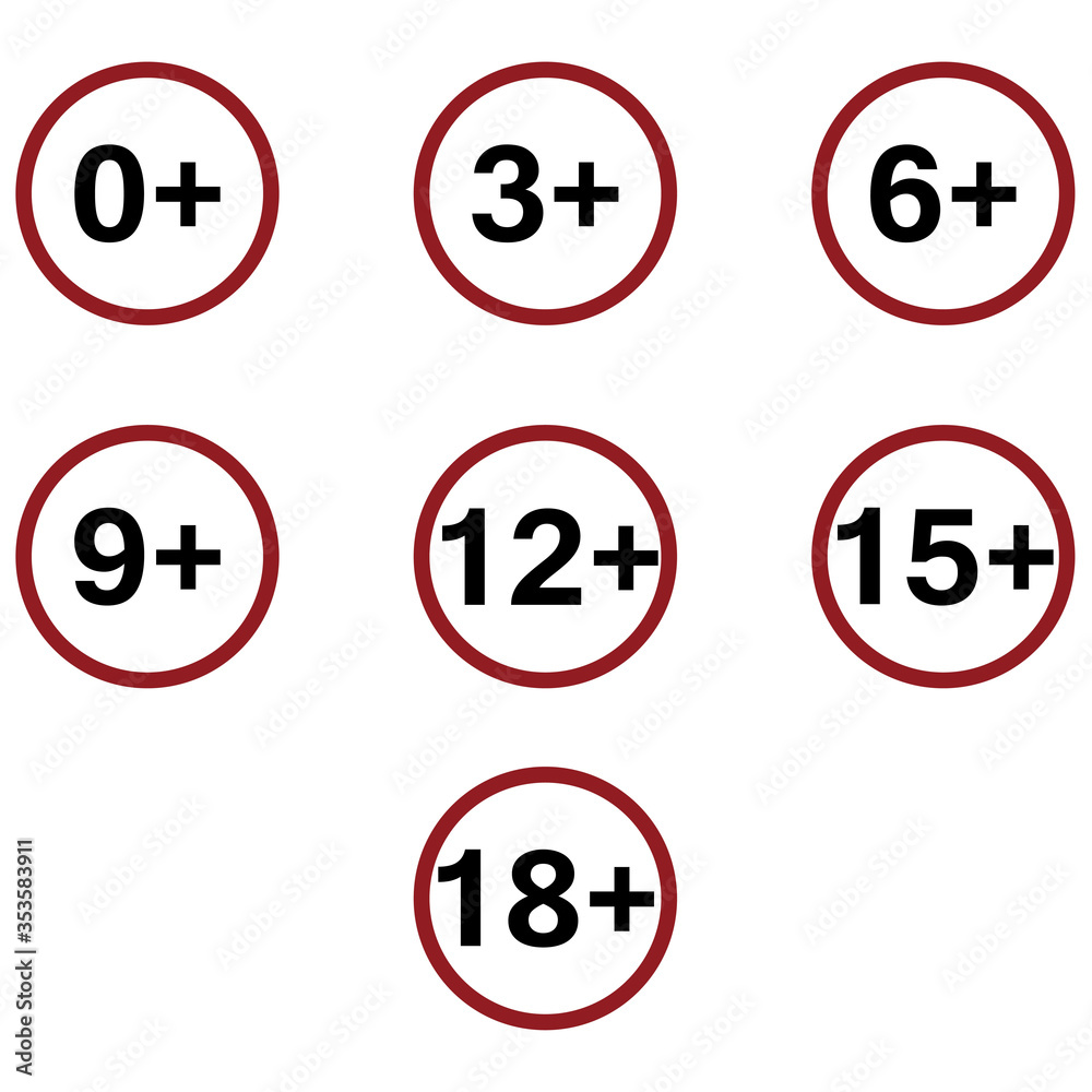 Иллюстрация изолированного предупредительного сигнала с текстом, 0 +, 3 +, 6 +, 9 +, 12 +, 15 +, 18 +. Иллюстрация изолированного предупредительного сигнала с текстом, 0 +, 3 +, 6 +, 9 +, 12 +, 15 +, 18 +.