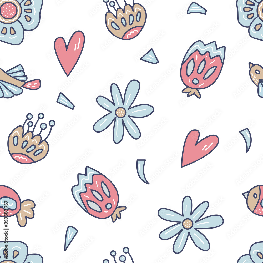 Vector seamless pattern with floral composition in cartoon style. Bright vector illustration for kids design; home decor; wrapping; and textiles.