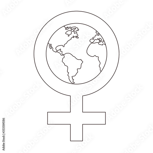 Female gender icon with planet earth in the circle. Isolated on white background. Symbol for gender equality and same human rights all over the world. Line art illustration for coloring book or page