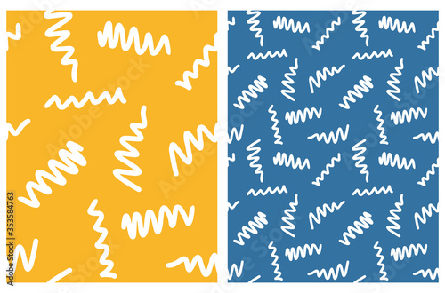 Abstract Geometric Seamless Vector Patterns. White Irregular Hand Drawn Scribbles Isolated on a Blue and Yellow Backgrounds. Funny Simple Creative Design. Infantile Style Wavy Stripes Print.