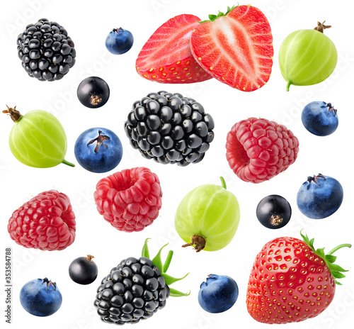 Fototapeta Naklejka Na Ścianę i Meble -  Isolated mixed fresh berries. A group of strawberry, blackberry, blueberry, gooseberry, raspberry and currants isolated on white background with clipping path