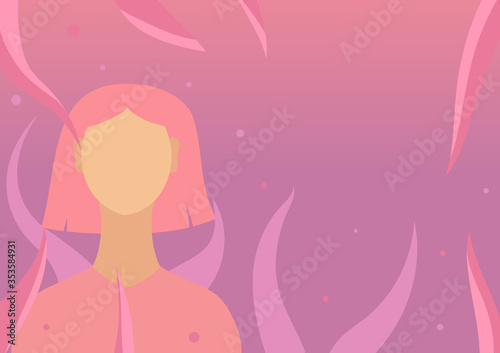 Girl with short pink hair on purple gradient background with plants and fireflies. 2d illustration template  flat design picture with copy space for text  app  add  brochure. EPS10  editable.