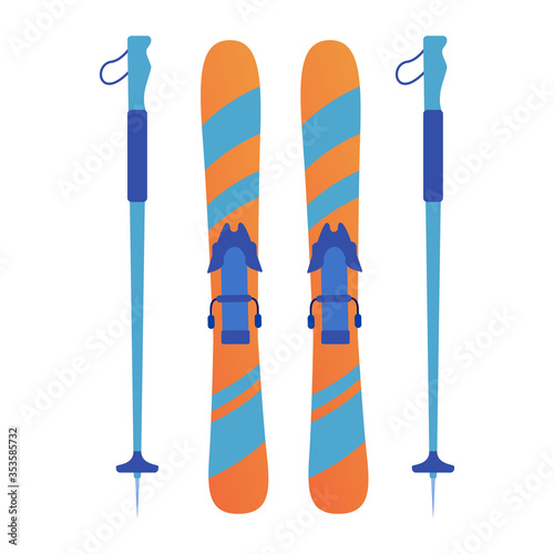 Winter sport equipment.Mountain ski and stick.Ski resort.Isolated on white background vector illustration flat.