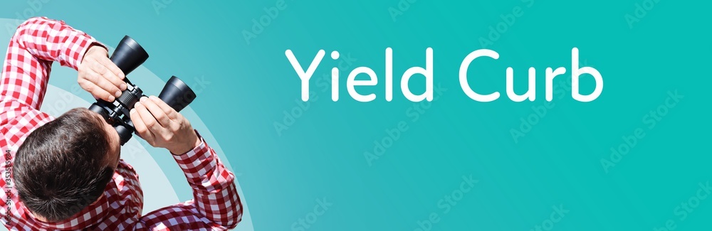Naklejka premium Yield Curb. Businessman (man) looks through binoculars. Birds eye view. Focus on text. Blue Background. Business, Finance, Statistics, Analysis, Economy
