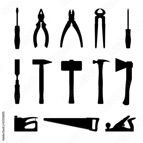 Carpenter tools silhouettes set in flat style isolated on white background.