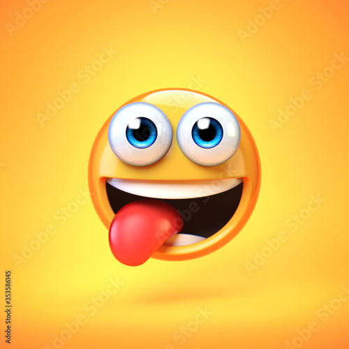 Emoji isolated on yellow background, smiling face emoticon with stuck-out tongue 3d rendering