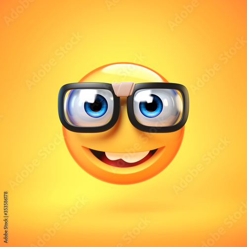 Nerd emoji isolated on yellow background, emoticon with nerd glasses 3d rendering photo