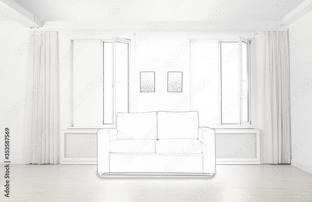 Stylish room with comfortable sofa. Illustrated interior design Stylish room with comfortable sofa. Illustrated interior design