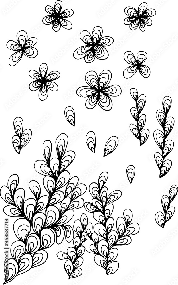Black & white set with cute flower ornament, hand drawn line art. Good for card, poster, print, adult coloring book Black & white set with cute flower ornament, hand drawn line art. Good for card, poster, print, adult coloring book