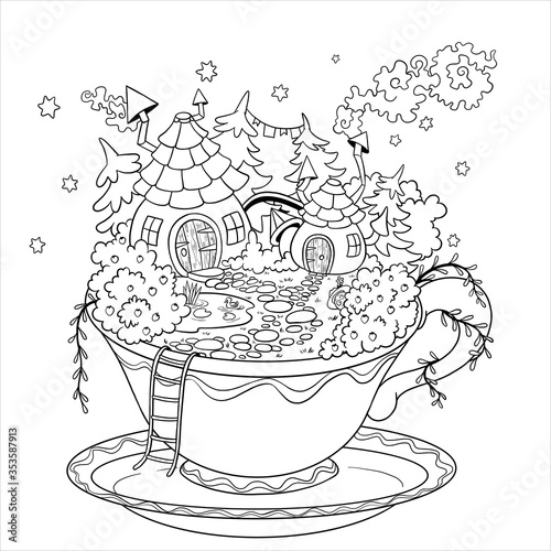 House of fantastic creatures. House with a pond and garden. A house in a circle for fairy-tale gnomes. Elf houses. Vector isolated on white background.