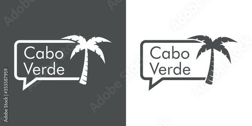 Destino de vacaciones. Logotipo con texto Cabo Verde en burbuja de habla con palmera en fondo gris y fondo blanco