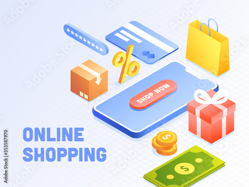 Online Shopping and Payment Concept with 3D Smartphone, Carry Bag, Package Boxes, Cash and Credit Card Illustration.