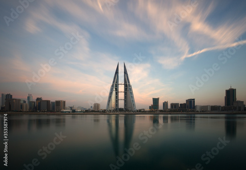  The Bahrain World Trade Center during dusk, a twin tower complex is the first skyscraper in the world to have wind turbines, photographed on February 05, 2018, Manama, Bahrain photo