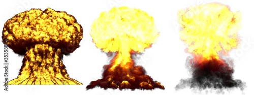 3D illustration of explosion - 3 large high detailed different phases mushroom cloud explosion of super bomb with smoke and fire isolated on white