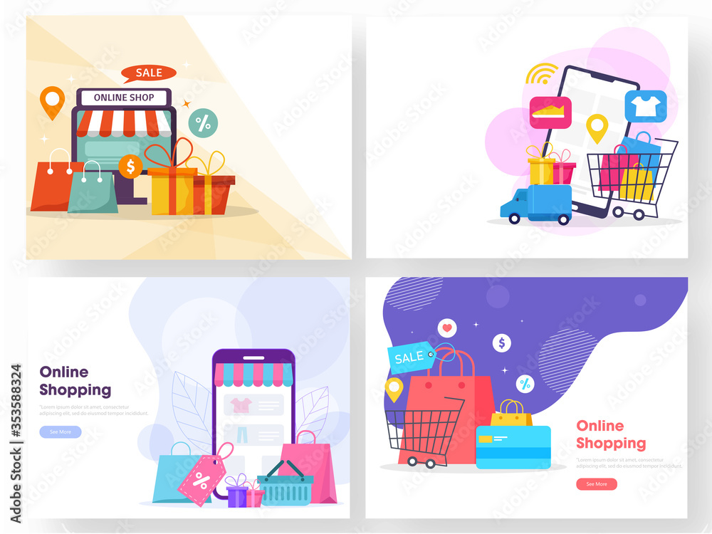 Online Shopping Concept Based Web Template Set with Desktop, Smartphone, Carry Bags, Gift Boxes, Location Track, Delivery Truck and Payment Card.