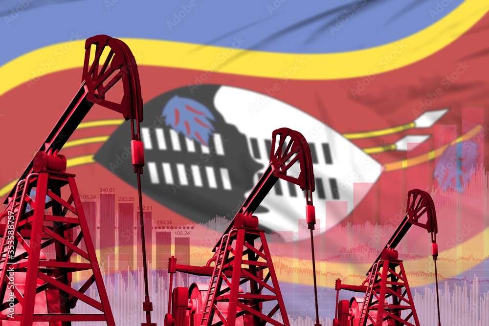 industrial illustration of oil wells - Swaziland oil industry concept on flag background. 3D Illustration