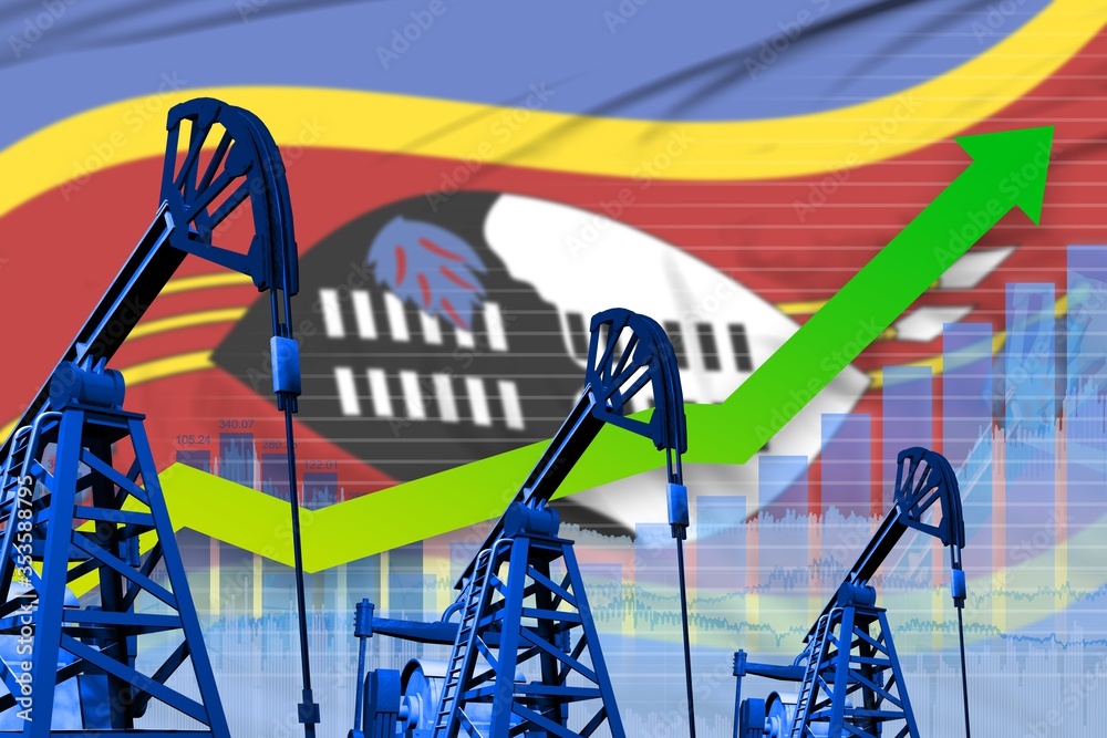 growing graph on Swaziland flag background - industrial illustration of Swaziland oil industry or market concept. 3D Illustration