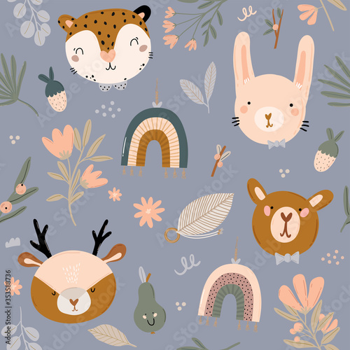 Cute kids scandinavian seamless pattern with funny animals, kids mobile toys, beanbag, leaves, flowers. Cartoon doodle  illustration for baby shower, nursery room decor, children design. Vector.