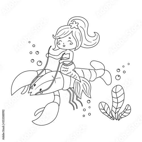 Coloring book for kids. Cute kawaii mermaid ride on lobster. Creative page for girls. Vector cartoon characters.