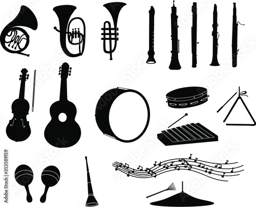 Set of musical instruments, black silhouettes vector ilustration