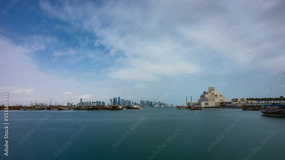 Doha skyline Mia Dhow boats cloudy time lapse Doha skyline Mia Dhow boats cloudy time lapse
