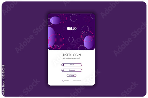 A colorful layout for pre-recording a page in purple. Logging into your personal account on the site or in the application
Enter login and password. Registration button. Website interface elements.