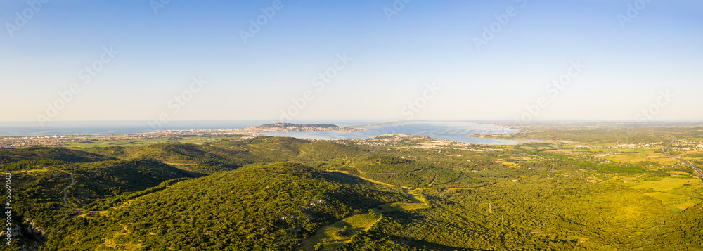 Aerial view of the Thau basin from Gigean in Hérault in Occitania, France