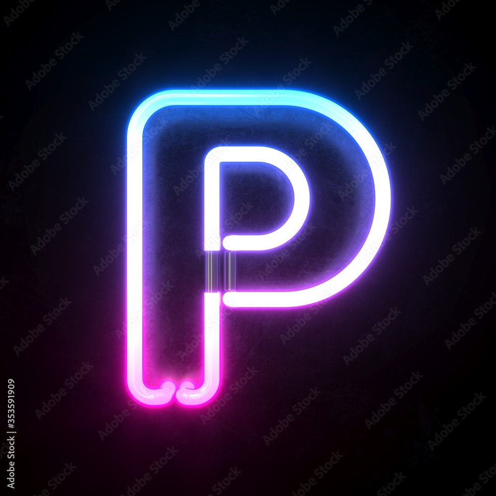Neon 3d font, blue and pink neon light 3d rendering, letter P - obrazy, fototapety, plakaty 