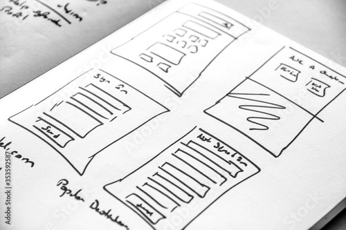 screen designs drawn and wireframes to the book