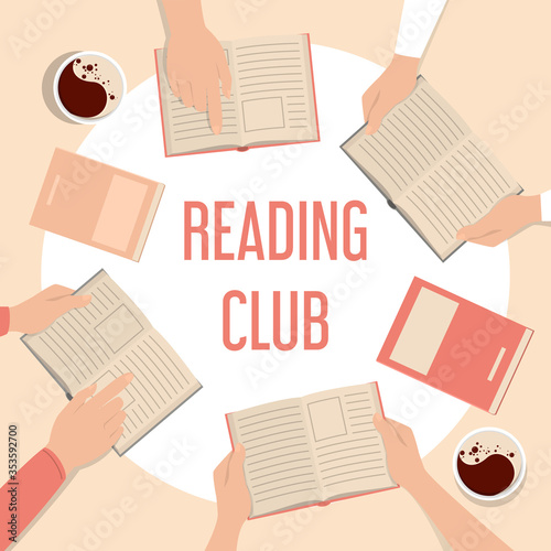 Reading club web banner. Hands holding books