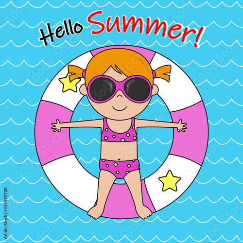 Happy summer card. Little girl sunbathing on top of a float