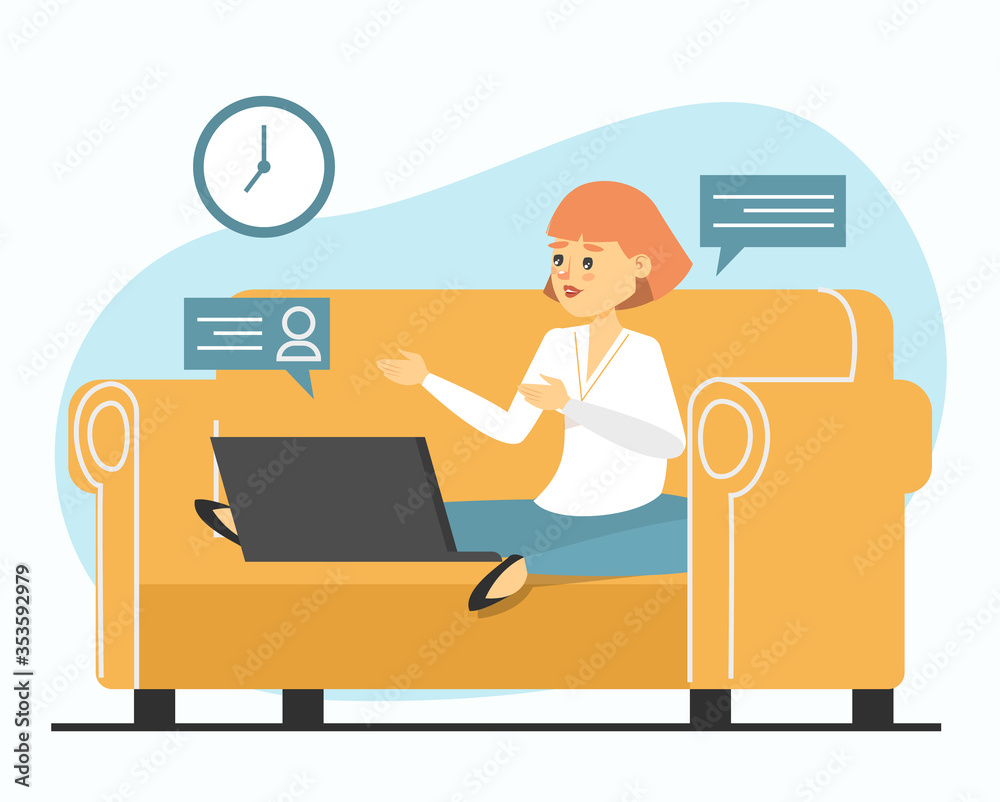 Freelancer at home. Woman is working remote, sitting on the sofa