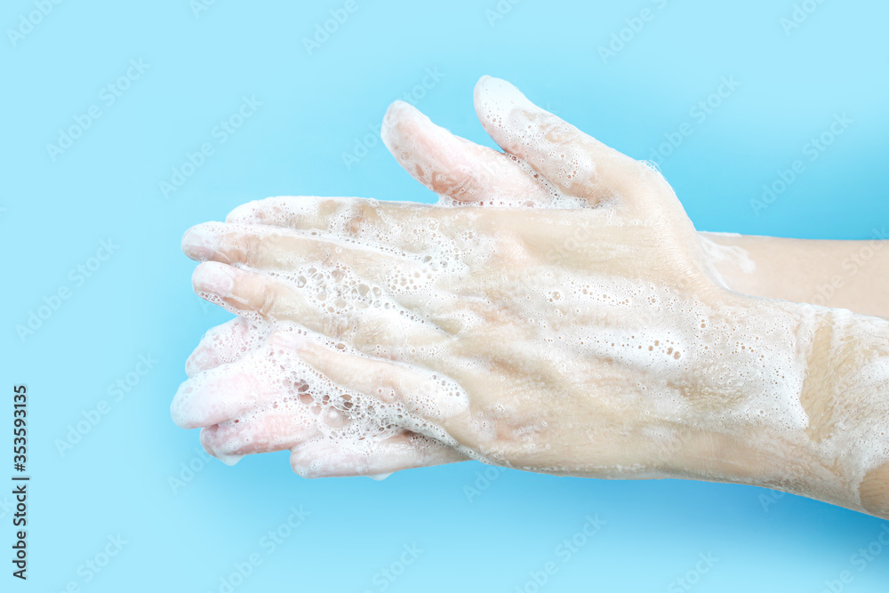 Hand washing, position 1, palms rub together to create bubbles