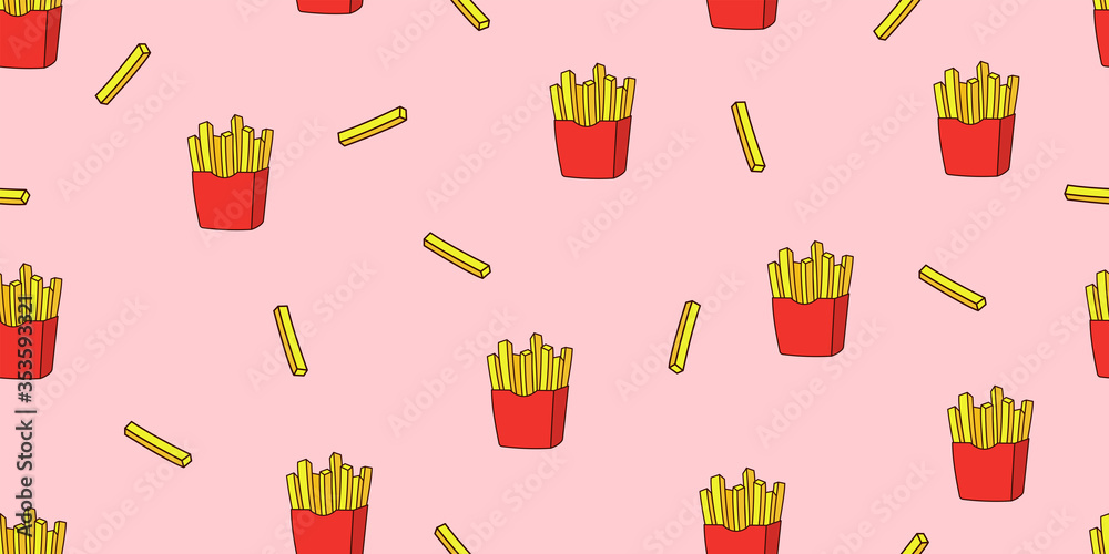 French fries seamless pattern. Fast food wallpaper texture. Vector