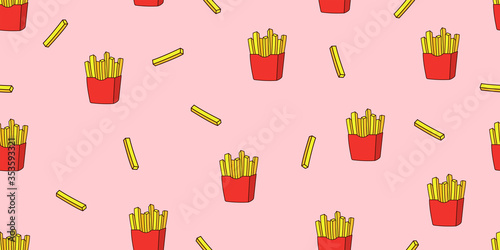 French fries seamless pattern. Fast food wallpaper texture. Vector photo