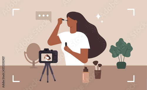 Beauty blogger. Make up influencer. Woman doing makeup and recording a video. Vector