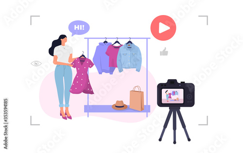 Fashion blogger. Young beautiful woman with a wardrobe closet. Vector