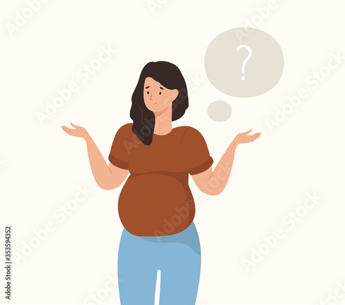 Thoughtful pregnant woman. Young pregnant woman thinking. Vector