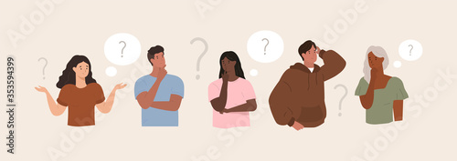 People thinking. Question mark. Problem and solution. Confused man and women. Vector
