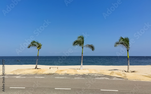 View of Luanda marginal, with palm trees and pedestrian zone, Atlantic Ocean as background