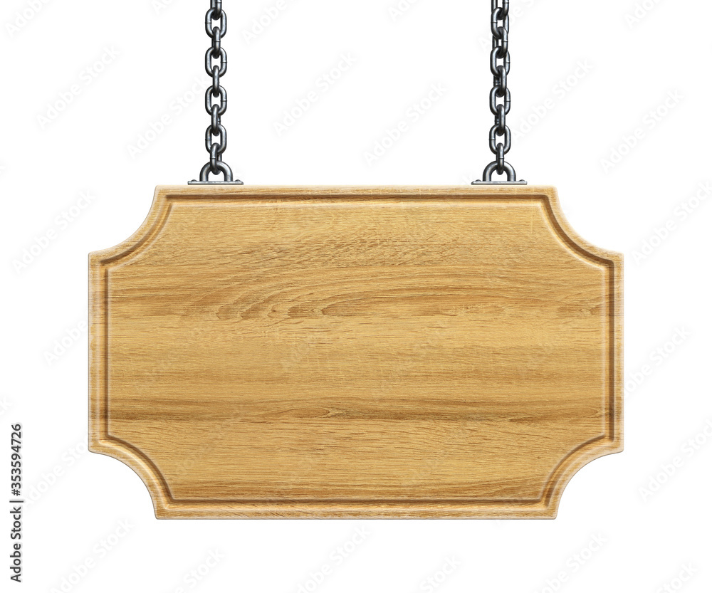 Wooden sign board hanging on a chains isolated on white background 3d rendering Wooden sign board hanging on a chains isolated on white background 3d rendering