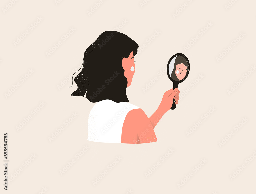 Sad Woman holding a mirror. Back view. Sadness and depression. Vector Sad Woman holding a mirror. Back view. Sadness and depression. Vector