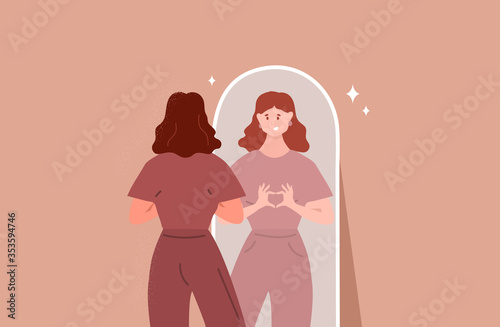 Young woman looking through the mirror and smiling. Self love. Love yourself. Vector photo