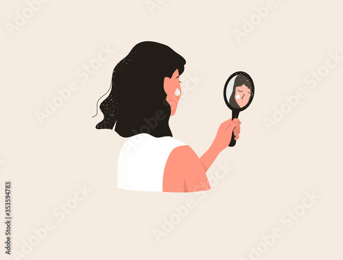 Sad Woman holding a mirror. Back view. Sadness and depression. Vector