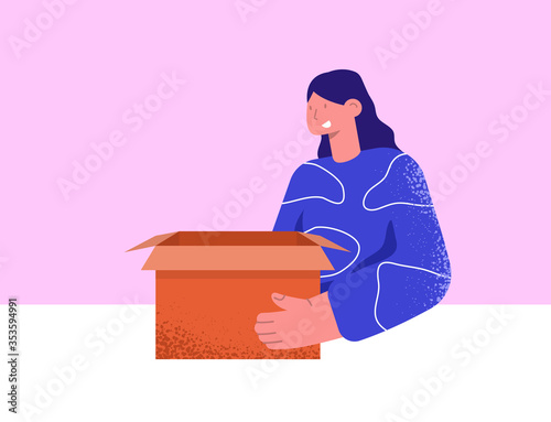 Unboxing. Girl open the box. Unpacking box. Vector